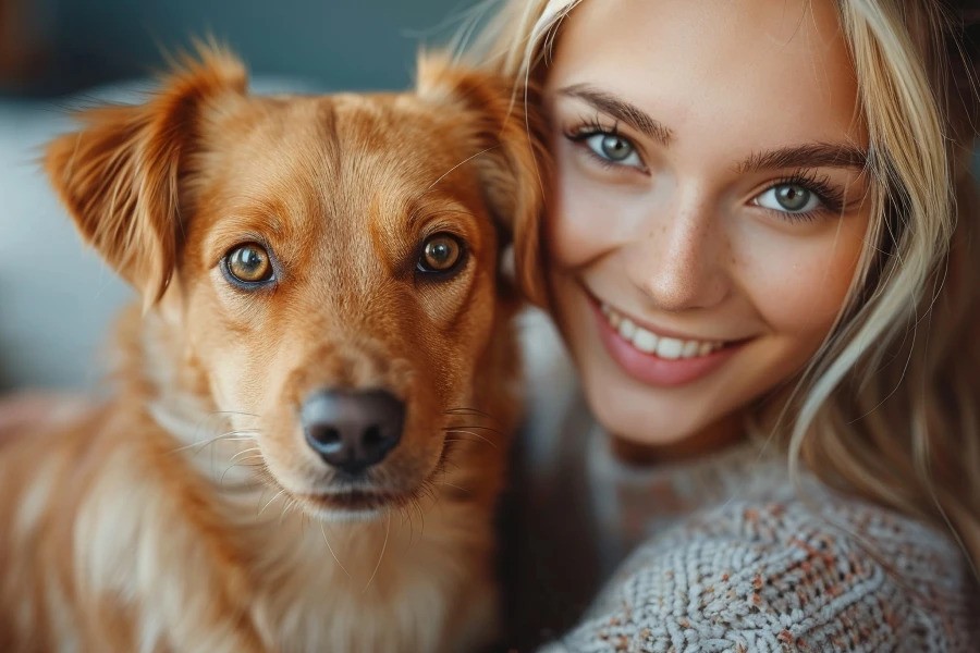 Smiling woman with her golden retriever mix dog, perfect companions for outdoor walks.