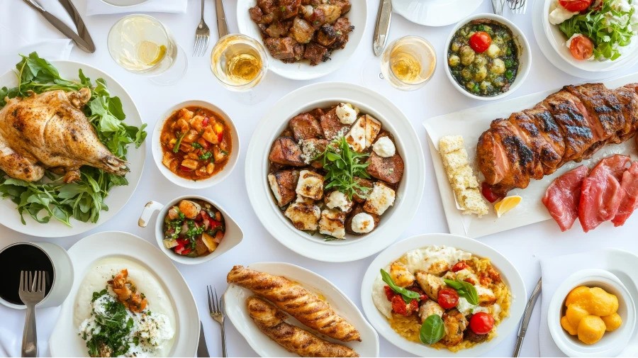 A variety of delicious dishes arranged on a white table, including roasted chicken, grilled meats, fresh salads, breadsticks, and colorful side dishes