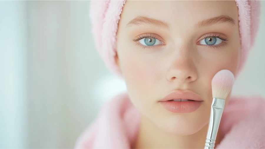 A young woman with clear skin, wrapped in a pink towel, gently holding a makeup brush to her cheek in a soft, natural light setting.