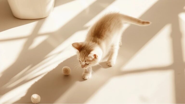 A playful kitten exploring wool balls on a sunlit floor, casting soft shadows in a minimalistic space.