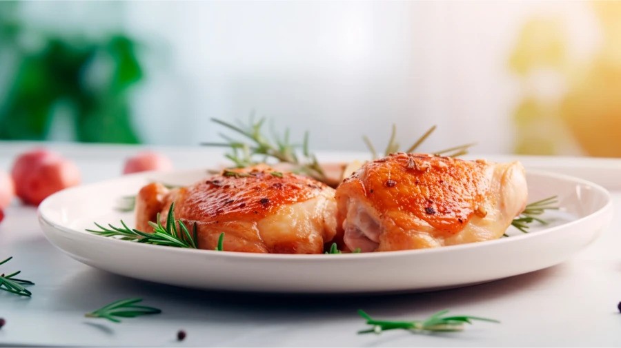 Two perfectly roasted chicken thighs garnished with fresh rosemary on a white plate, with a bright and airy background.