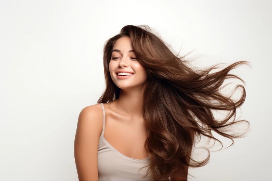 A smiling woman with long, flowing, voluminous brown hair, exuding confidence against a clean white background