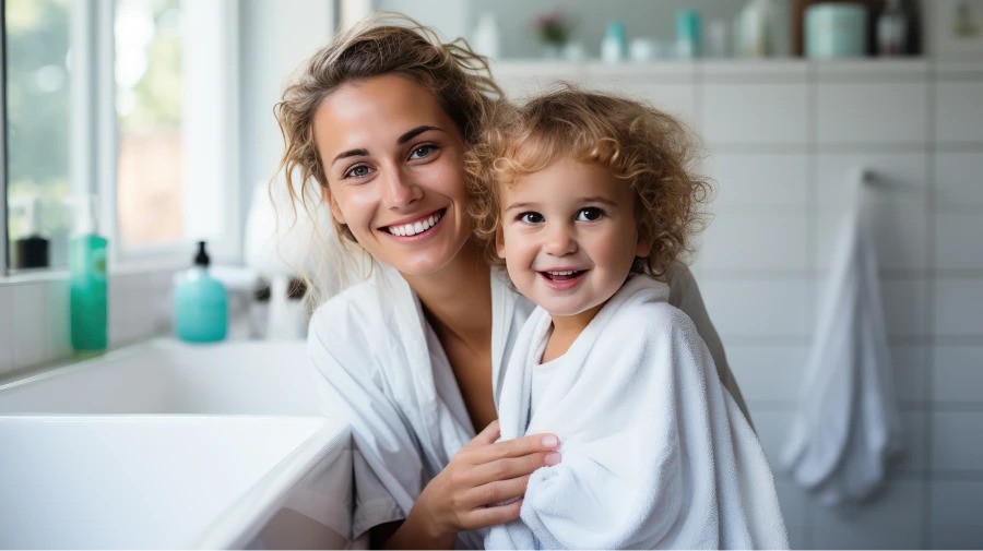 A smiling mother and her young child wrapped in white towels, standing together in a bright and clean bathroom.