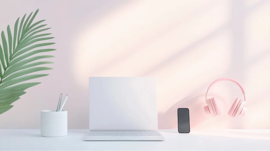 A minimalist workspace featuring a white laptop, a smartphone, pink headphones, a pen holder with pens, and a green palm leaf on a clean white desk