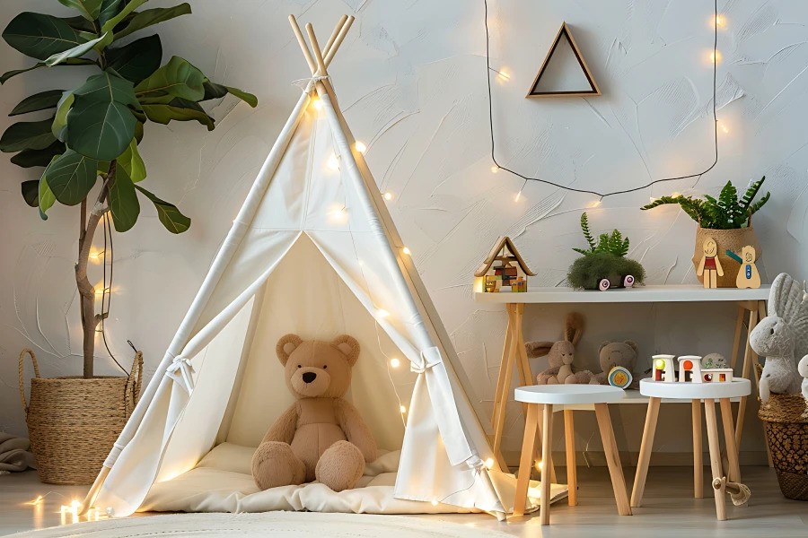 A cozy children's playroom featuring a white teepee tent with fairy lights, a teddy bear inside, and a wooden table decorated with toys and plants