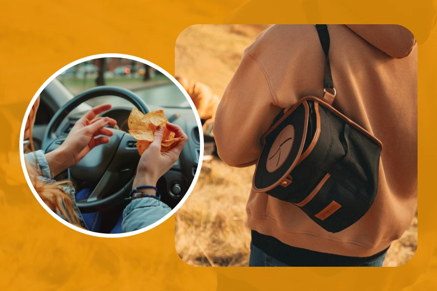 Person using a portable car trash bag while driving and carrying it outdoors.